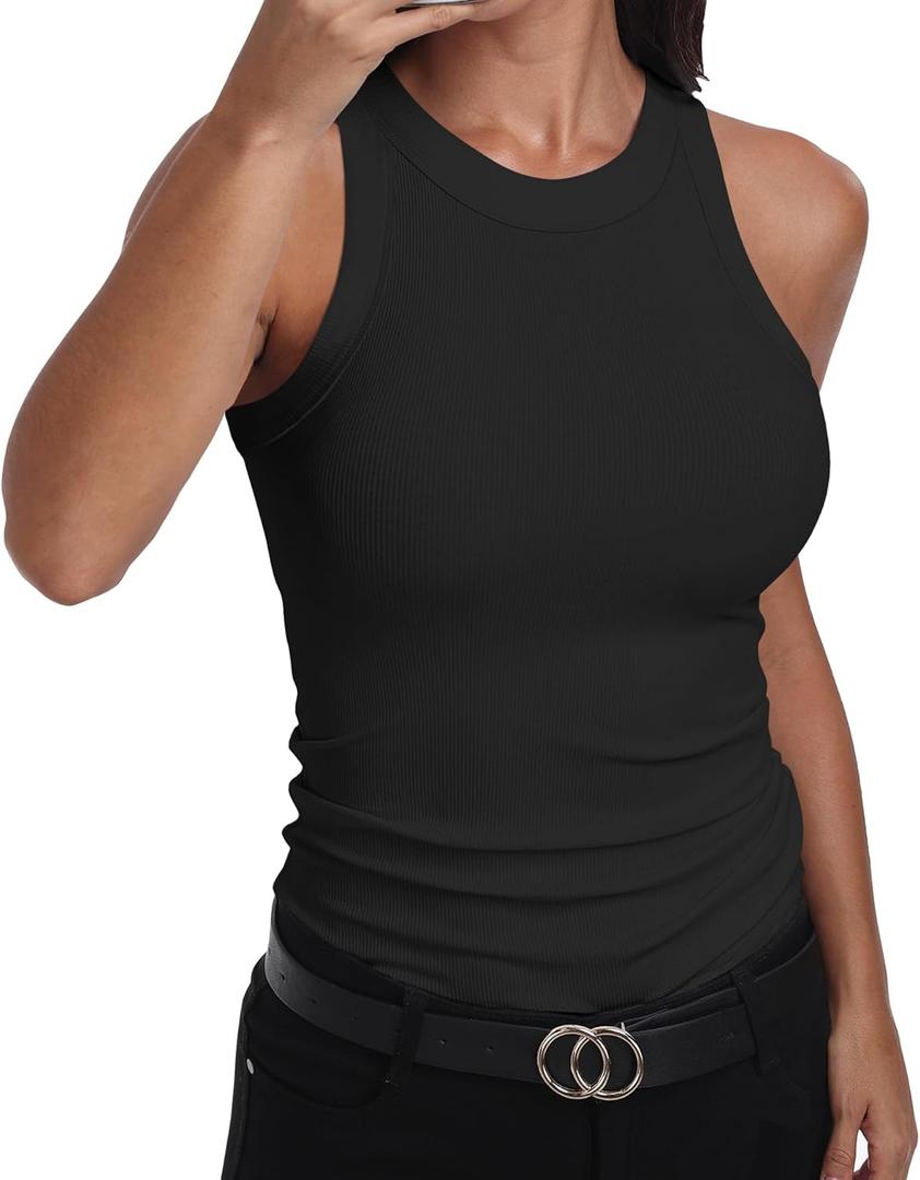 GEMBERA Womens Sleeveless Racerback High Neck Casual Basic Cotton Ribbed Fitted Tank Top (Medium, Black)