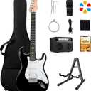 39in Full Size Electric Guitar Starter Kit, Solid Body Electric Guitar Set for Beginners with 10W BT Amp, Stand, Gig Bag, Strap, Strings, Tremolo Bar, 6 Picks and Online Lessons (Black)