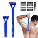 Back Shaver for Men with Foldable Ergonomic Long Handle: Triple-Blade Razor for Smooth Shaves, Wet & Dry Grooming, 8 Replacement Blades, Ideal for Back Chest Body Hair Removal