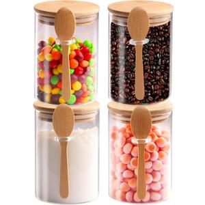 Set of 4 Clear Glass Jars with Airtight Bamboo Lids & Spoons 20 oz, Food Storage Containers for sugar and flour, Dry Goods, Bath Salts