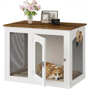 CHOEZON Wooden 30.1" Dog Crate Furniture, Farmhouse Pet Cage End Table with Secure Lock, Ventilated Mesh for Medium Dogs, Dog Kennel Furniture for Living Room, Bedroom, White and Walnut MGW02WL