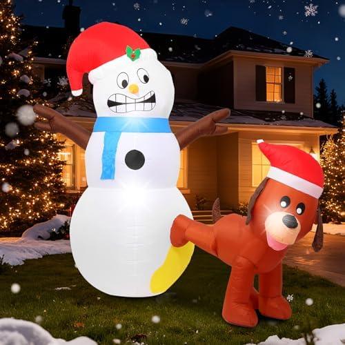 7FT Christmas Inflatables Decorations Outdoor，Blow Up Christmas Snowman and Dog with Built-in LEDs Lights for Indoor Holiday Party Yard Garden Lawn Décor