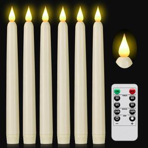 Flameless Taper Candles with Remote Control,6pack Dripless Plastic LED Candles,Flickering Candle Battery Operated,9.2'Classic Tall Candle for Wedding,Party,Halloween,Christmas,Home Decor (Ivory)