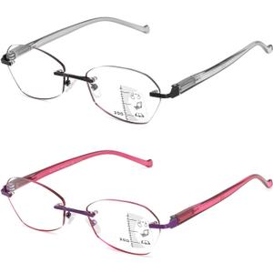 Multifocus Reading Glasses Women Progressive Multifocal No Line Bifocal Rimless Reader Blue Light Computer Eyeglasses, 3.0 Diopters