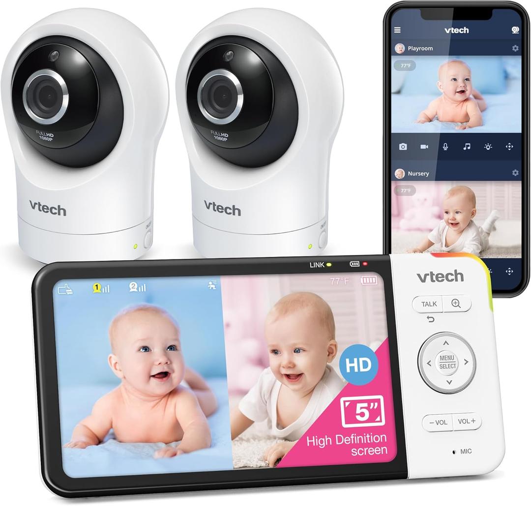 VTech RM5764-2HD 1080p Smart WiFi Remote Access 2 Camera BabyMonitor, 360 Pan & Tilt, 5" 720p HD Display, Night Vision, Soothing Sounds, 2-Way Talk, Temperature & Motion Detection, iOS & Android