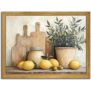Wood Framed Vintage Kitchen Wall Art, Yellow Lemon Still Life Wall Decor Oil Paintings, Rustic Farmhouse Artwork Canvas Posters Prints Pictures for Living Room Bedroom Home Decor 16x24 Inch