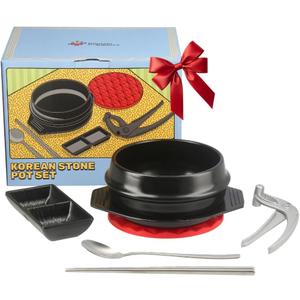 Korean Stone Pot Set (7-piece, 38.7oz with Hot Pot Grip), Ttukbaegi, Dolsot, Korean Soup Bowl, Ceramic Pots for Cooking, Soup Pot, Earthenware Claypot, Bibimbap, Ramen