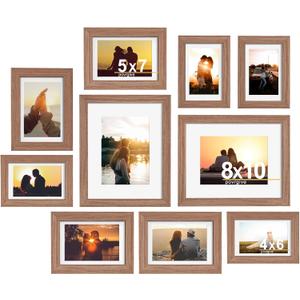 Picture Frames Set of 10-8x10, 5x7, 4x6 Photo Frames, Gallery Frame Set for Collage Wall Decor, Wood Frame with Glass Front and Mat Options for Wall and Tabletop Display, Rusic Brown