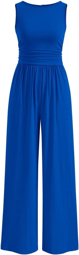 PRETTYGARDEN One Piece Jumpsuits for Women Dressy Casual Sleeveless Crewneck Wide Leg Rompers Jumpers Vacation Summer Outfits (Blue, S)