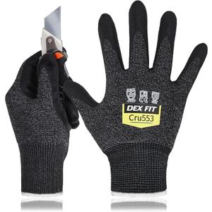 Level 5 Cut Resistant Gloves Cru553, 3D-Comfort Stretchy Fit, Power Grip, Professional Grade, Thin, Touch-Screen Compatible, Durable, Machine Washable; Black Gray S (7) 1 Pair