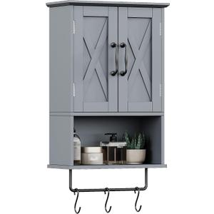 ChooChoo Farmhouse Medicine Cabinet, Bathroom Wall Cabinet with Adjustable Shelf, Towel Bar, 3 Hooks, Over The Toilet Storage Cabinet for Bathroom, Kitchen, Grey