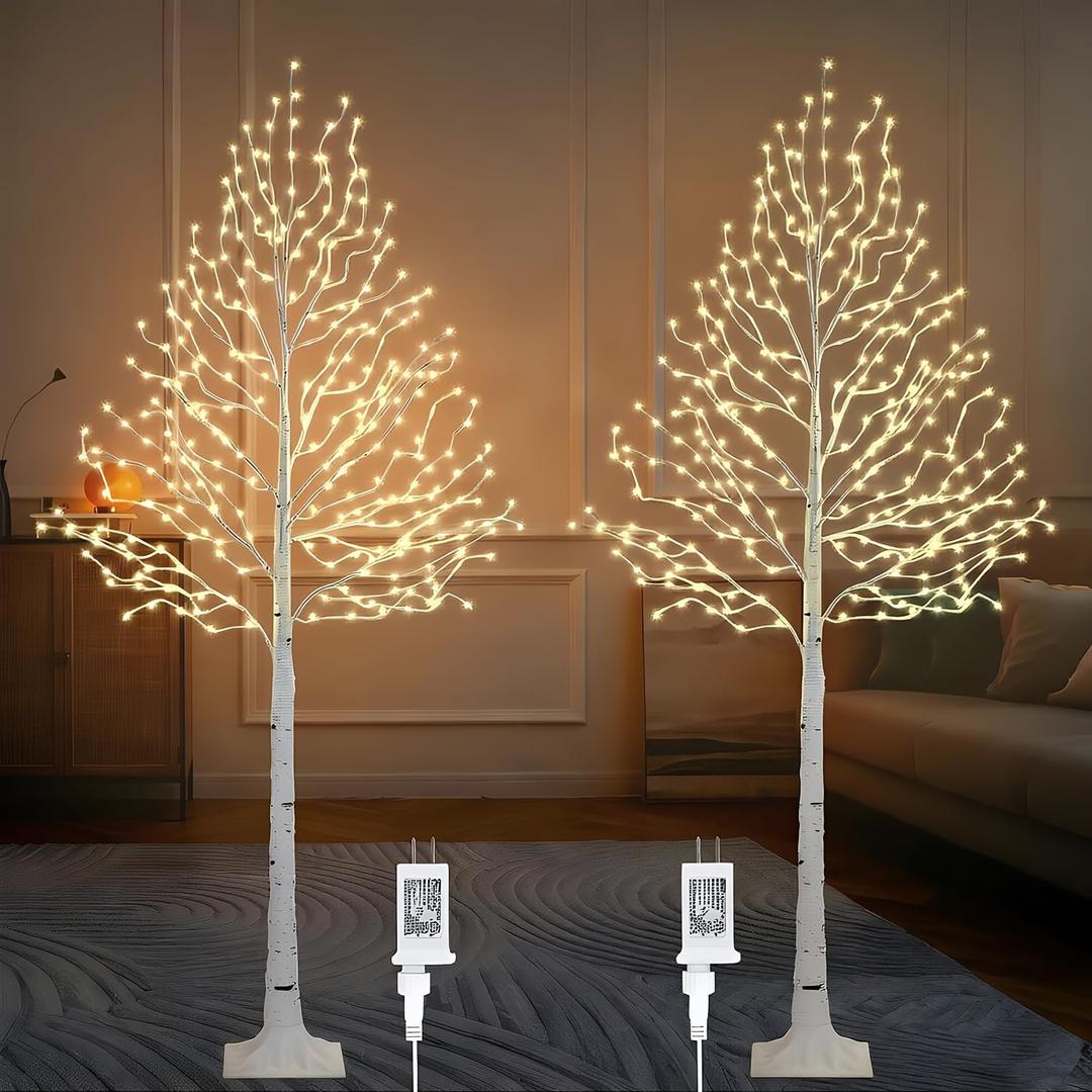 2-Pack 6FT Lighted Birch Tree with Timer, Total 520 LED Tree Lights