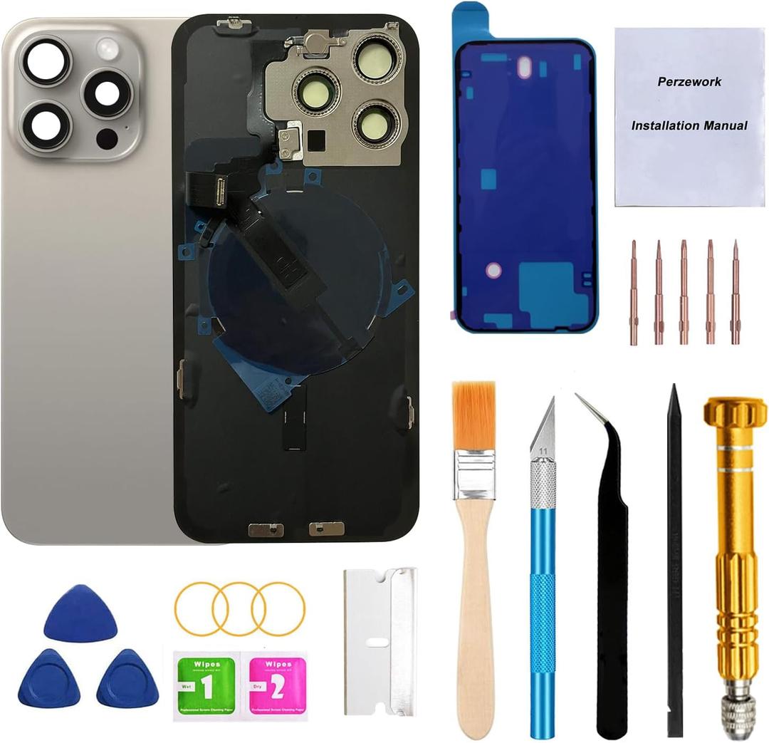 Rear Back Glass Replacement for iPhone 15 Pro Max 6.7-inches with Reparing Tool Kit and All Necessary Parts (Natural Titanium)