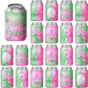 SiliFine 24 Pcs Witch Pink and Green Princess Cup Can Cooler Bulk 12 oz Iced Coffee Beer Cup Cooler Neoprene Insulated Sleeve for BFF Couples Emerald Castle Enchanted Birthday Party Decoration