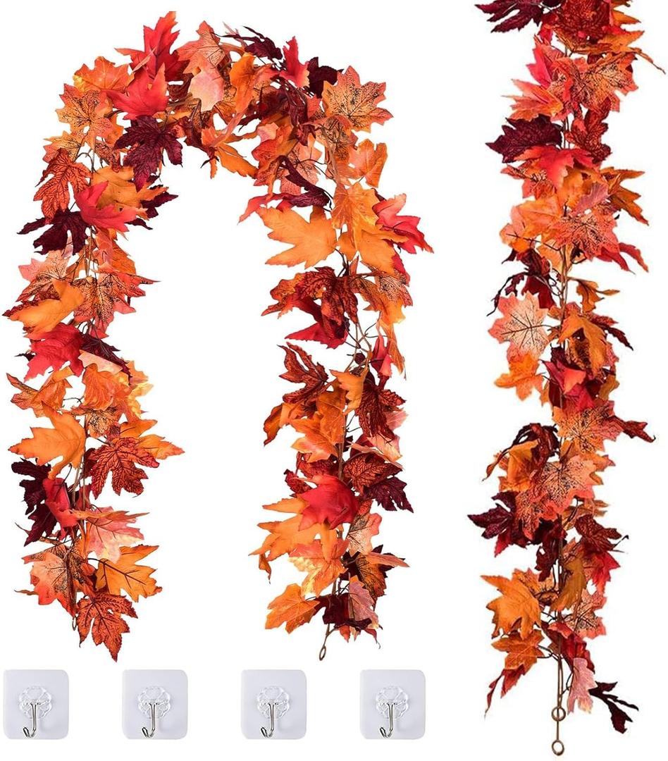 13 Ft Fall Garland Maple Leaf for Mantle,2 Pack Hanging Vine Garland Fall Decor for Home, Artificial Autumn Leaves Garlands Thanksgiving Decor for Porch Fireplace Christmas (Fall Garlands)