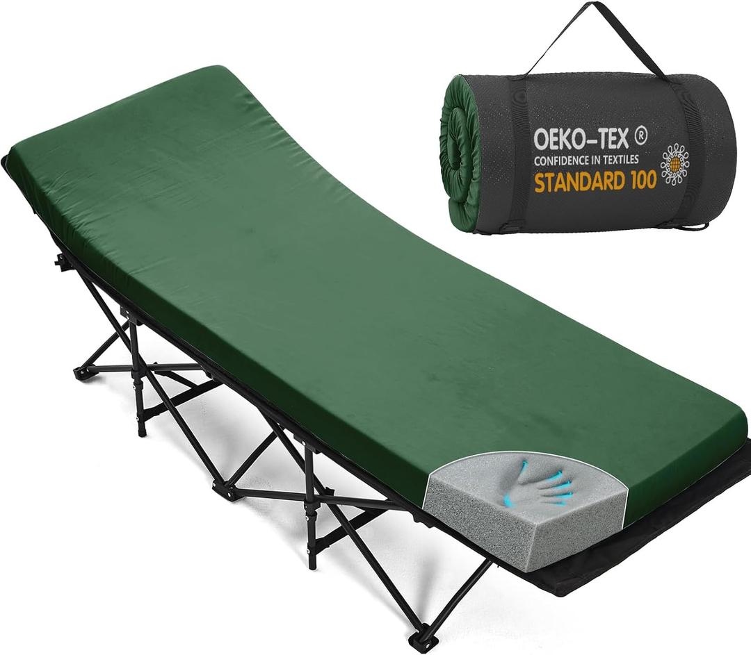 Camping Cot Pad, Pad Only 2 Inch Memory Foam,Camping Pad for Folding Cot and Foldable Cot, Portable Roll Up Camp Gear for Car Camping Travel Tent, Non-Slip Waterproof Bottom, Removable Cover, Dark Green, COT (75*30*2)