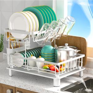 Dish Drying Rack, 2 Tier Dish Racks for Kitchen Counter, Compact Dish Drainer Rack, Detachable Dish Rack with Drainboard, Utensil Holder, Cup Holder for Small Space - White, Large