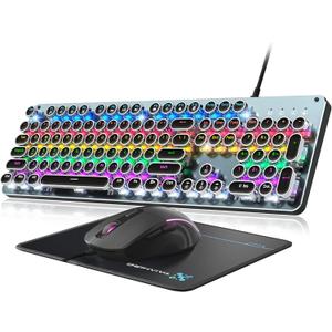 Typewriter Style Mechanical Gaming Keyboard Blue Switch, Rainbow LED Backlit Wired Computer Keyboards Mouse and Pad Combo, Metal Panel Retro Punk Round Keycaps, 104 Keys Anti-Ghost for PC Laptop Gamer