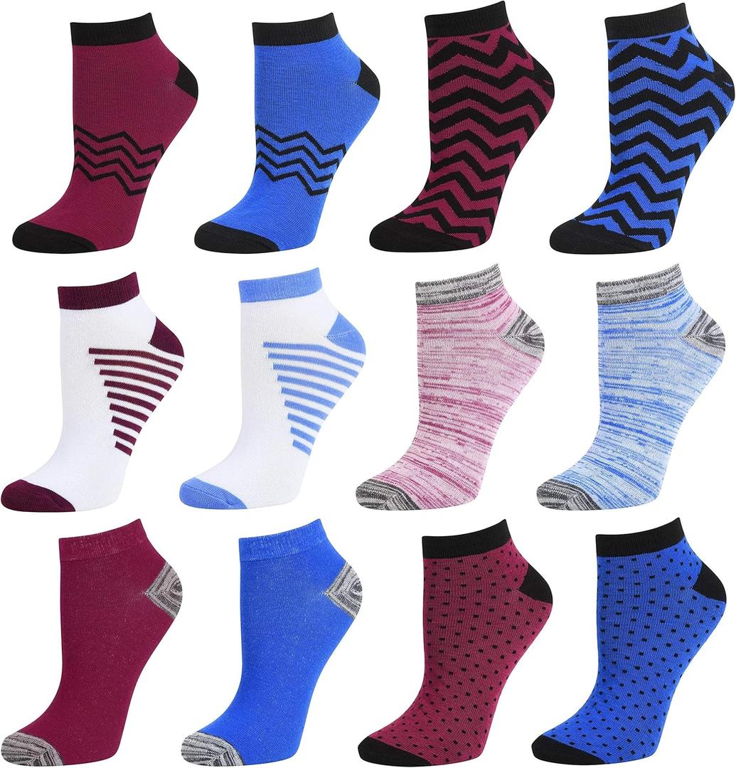 Debra Weitzner Womens Runner Ankle Socks - Low-Cut Colorful Socks (Size 9-11 and 10-13) 12 Pairs (Ankle Blue & Maroon)