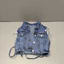 Women's Fringe Sleeveless Cropped Denim Vest Jean Jacket Outfit Tops (Large)