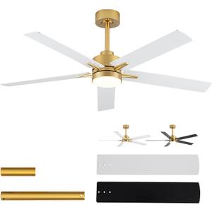 52'' Ceiling Fan with Lights and Remote, Low Profile Modern Ceiling Fan Gold, 6 Speed, Reversible, 3000k-6000k Dimmable LED, Quiet DC Motor Ceiling Fans for Indoor Outdoor Bedroom Living Room
