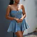 SHINFY Womens Summer Denim Dress Sexy Off Shoulder Strapless Bustier Corset Tube Pleated Mini Jean Dresses (Blue, L)