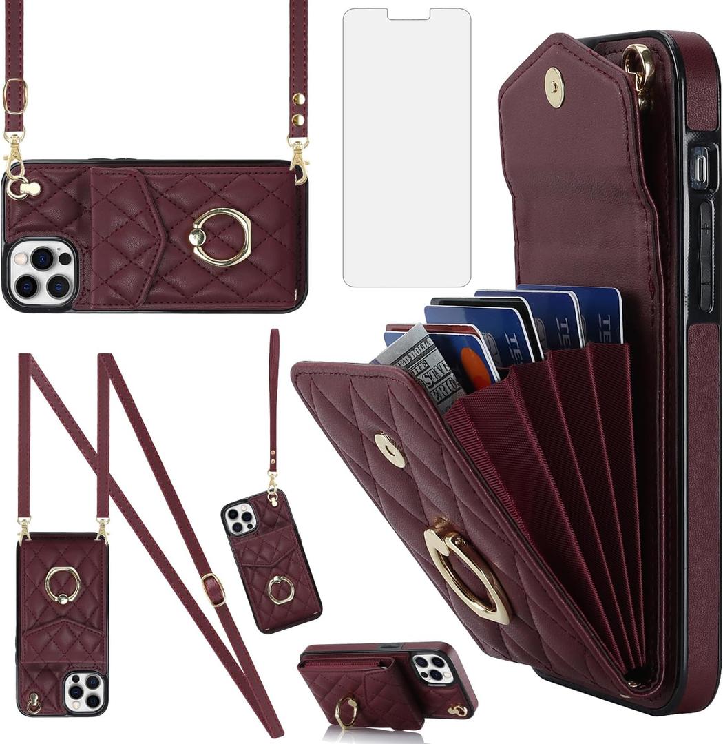 Asuwish Phone Case for iPhone 12 Pro Max 6.7 Wallet Cover with Tempered Glass Screen Protector Ring RFID Blocking Card Holder TPU Cell iPhone12promax 5G i 12s Plus iPhone12 12pro Promax Women Wine Red
