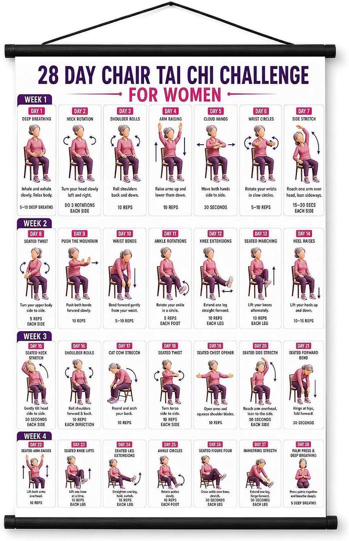 Tai Chi Chair Workout Chart, 28-Day Chair Tai Chi Challenge for Women, 24"L x 16"W