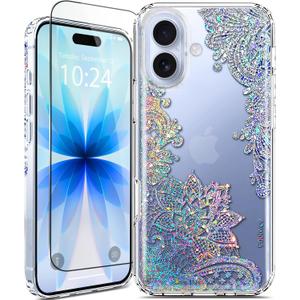 Coolwee Clear Glitter for iPhone 17 Case with Screen Protector, Cute Cover for Girls Women, Slim Shockproof 10FT Drop Protection for iPhone 17 Phone Case Crystal Lace Bling Mandala Henna