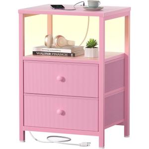 BOLUO Pink Nightstand with Charging Station, LED Night Stand with 2 Fabric Drawers, Bedside Table with USB Ports and Outlets, Nightstand for Bedroom Modern