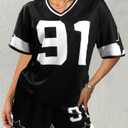 KIMSOONG Jersey Shirts for Women Shorts 2 Piece Sets Going Out Number Graphic V Neck Y2K Streetwear Tee and Short Pants Suits (Black, XXL)