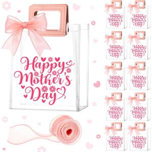 Gueevin 12 Pcs Mother's Day Gift Bags Pink Plastic Happy Mother's Day Clear Gift Bags with Handle and Sheer Ribbon 7 x 4 x 8 Inch Reusable Transparent PVC Totes for Her Mom Birthday Party Supplies