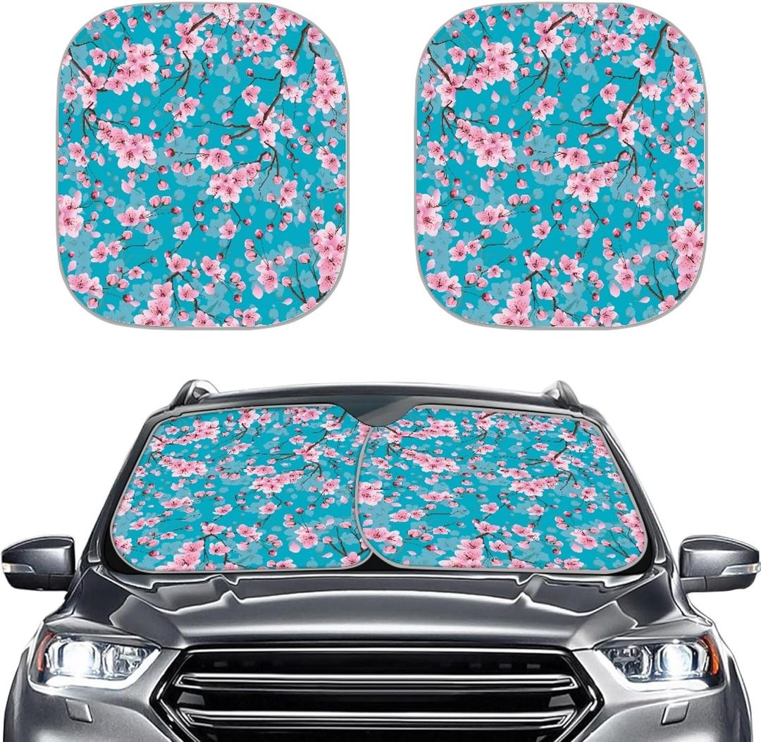 Cherry Blossom Blue Car Windshield Sun Shade 2pcs Foldable Reflective Sun Visor for Cars,SUVs,Trucks,and Vehicles