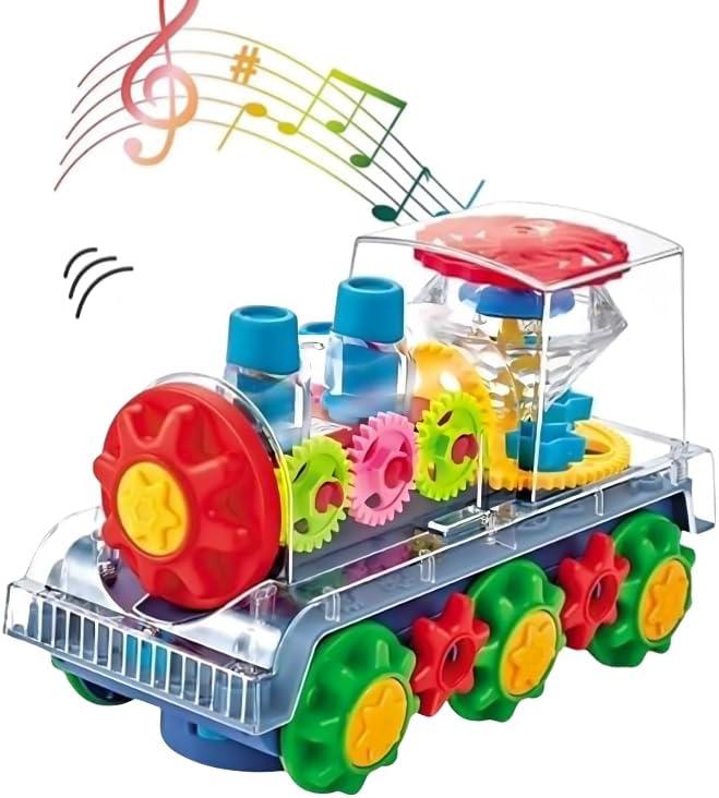 ABK Gear Train Toy, Transparent Electric Kids Gear Train with Flashing Lights, Early Educational Musical Train Set Birthday Gift for Boy and Girl (Train Engine), OM-TC-01
