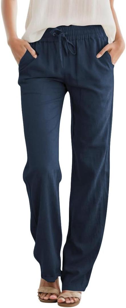 SEMARO Womens Casual Linen High Waist Pants Drawstring Loose Fit Summer Pants Trousers with Side Pockets (Blue, S)