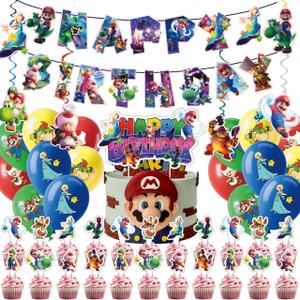 48Pcs latest Mario Birthday Party Supplies, Party Decorations Set Include Banner, Balloons, Hanging Swirls, Cake Cupcake Toppers, Tablecloth for Boys Girls Mario Theme Party