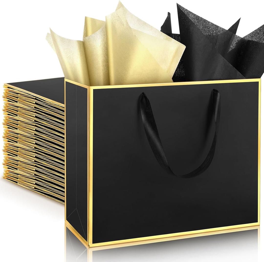 ReliThick 12 Pack Metallic Paper Gift Bag with Handles and Tissue Paper 11.8 x 10 x 4'' Thank You Favor Bag for Graduation Mother's Day Wedding Bridesmaid Groomsman 5 Senses Gifts (Black,Gold)