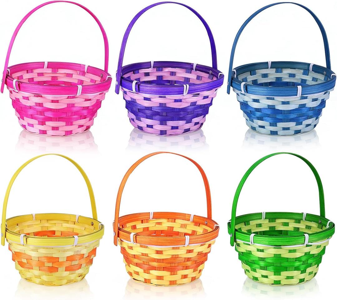 6Pcs Easter Bamboo Baskets with Handles, 6 Colors Small Round Woven Easter Baskets for Kids Egg Hunt Picnic Party Supplies Decorations