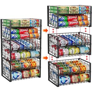 JKsmart 2-Tier Stackable Rack Organizer for Pantry, Adjustable Dispenser Holds Up to 88 Cans, Storage Holder for Various Ounces of Canned Drinks, Black, 3 Pack