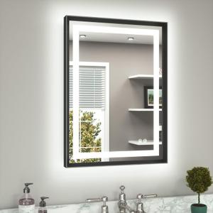 TETOTE 22 x 30 Bathroom LED Mirror Brushed Black Metal Frame Frontlit & Backlit Vanity Mirror Anti-Fog Stepless Dimmable 3 Colors White/Warm/Natural Mirror with Lights Wall-Mounted