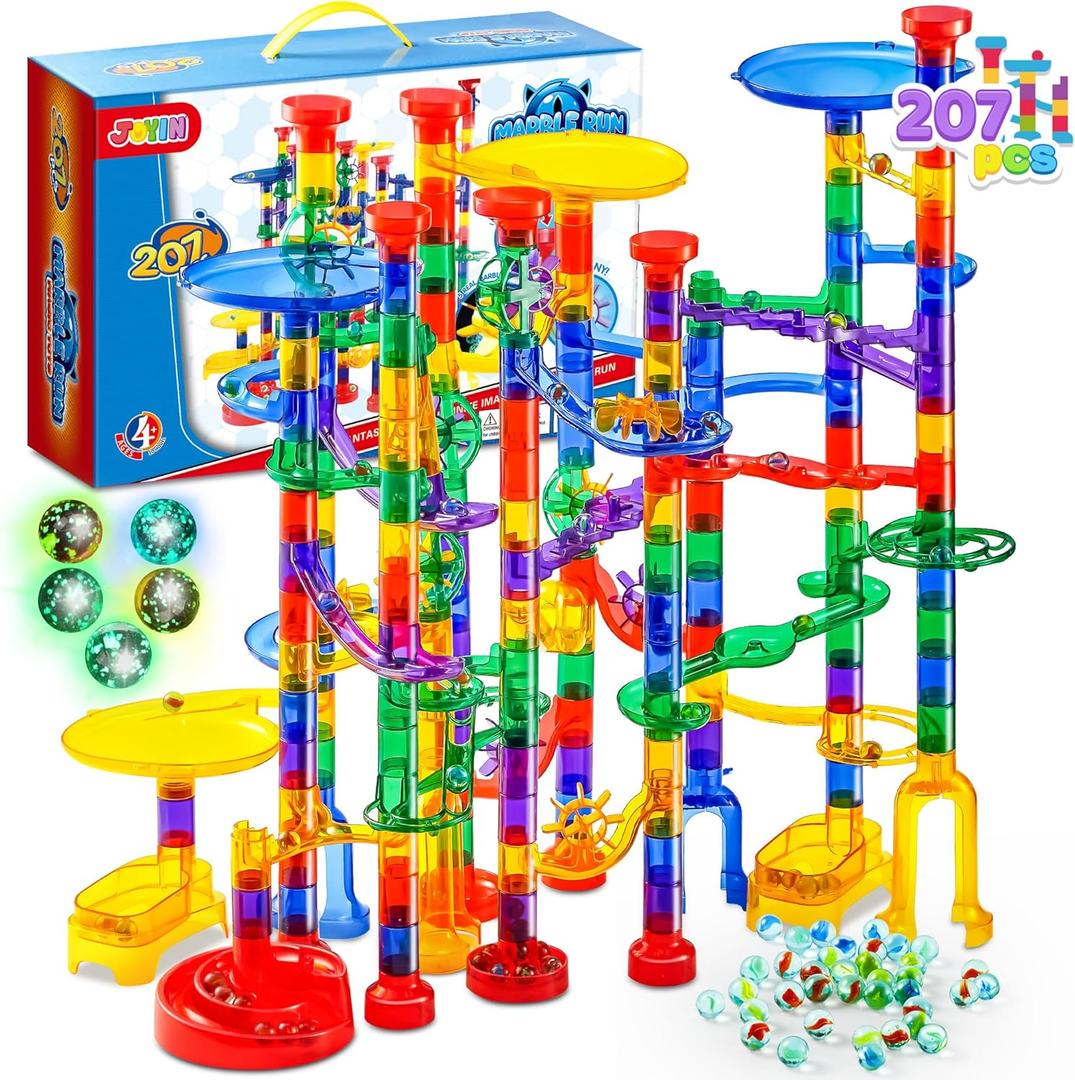 JOYIN 207Pcs Glowing Marble Run, Construction Building Blocks Toys with 5 Glow in The Dark, STEM Toy for Boys and Girls, Educational Toy, Gift for Christmas