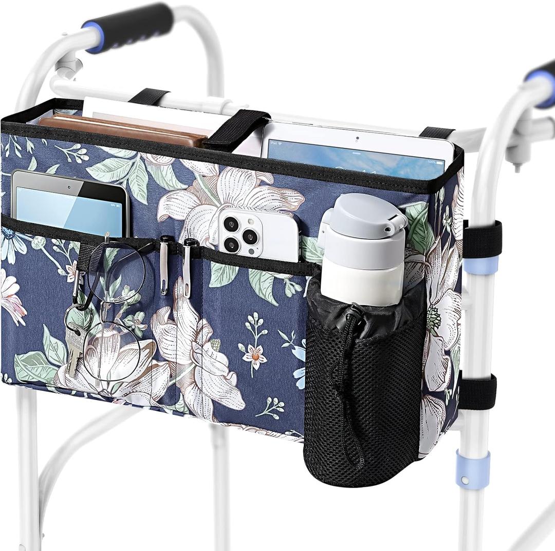 Rhino Valley Walker Bag, Multi Pockets Folding Walker Basket Tote Bag with Cup Holder, Hand-free Carry Pouch Storage Bag for Universal Walkers, Large Capacity Organizer for Seniors Elderly,Blue Cosmos