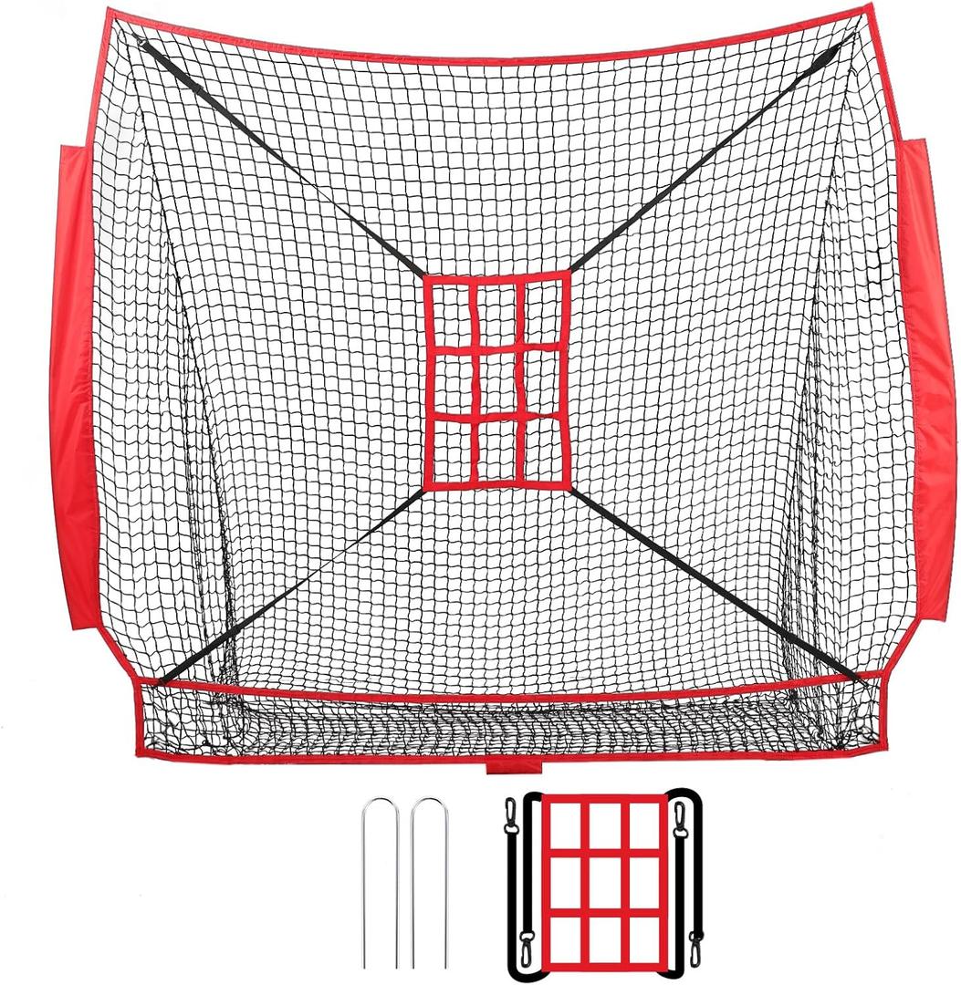 Baseball Net Replacement Net 7 x 7ft, Net Only and Frame Not Included, Batting Net with Large Ball Collection System, Nine-Grid Target, 2 Ground Nails, High Elastic Hitting Net