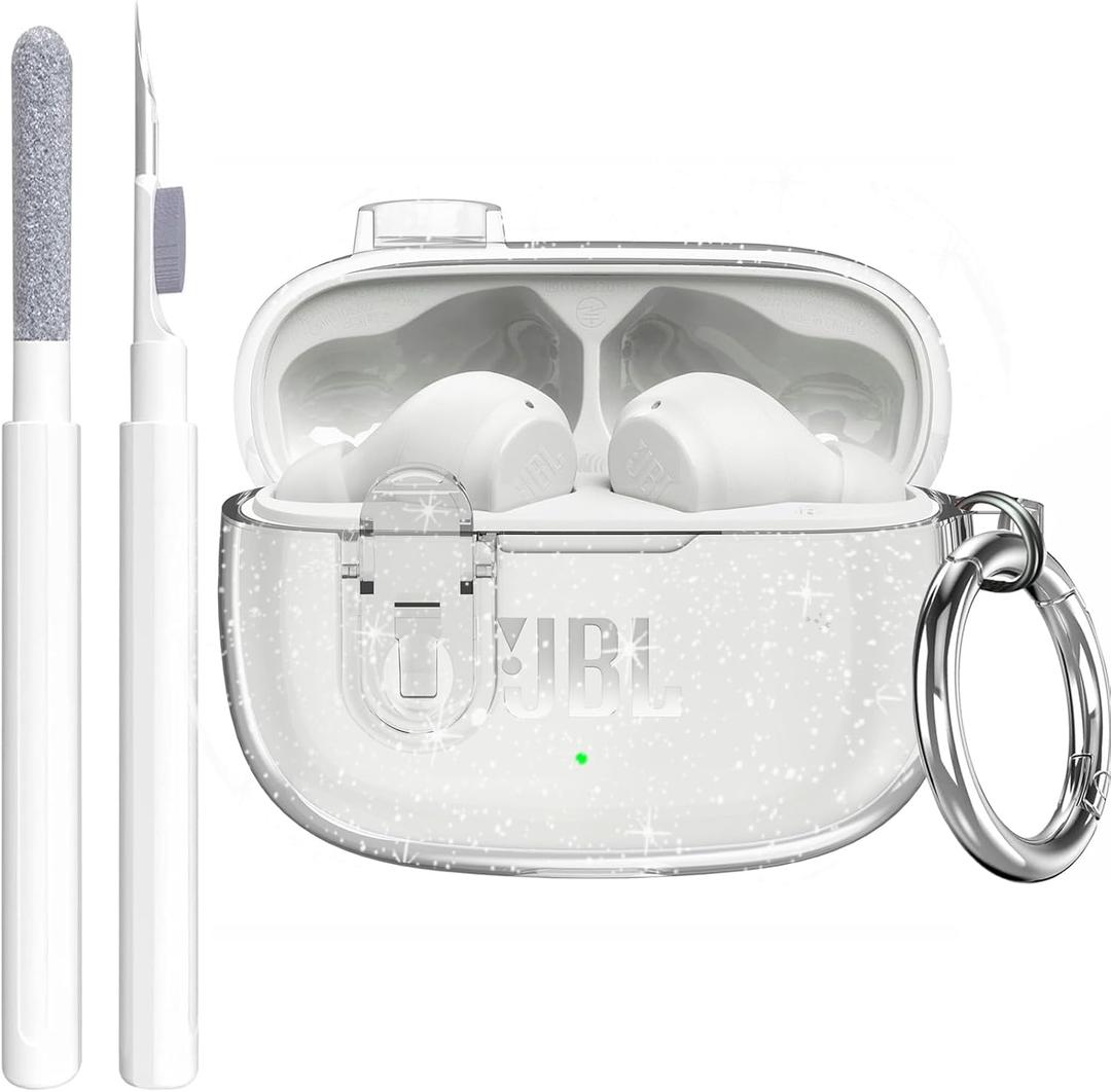 Compatible with JBL Vibe 200TWS/JBL Vibe Beam/Beam 2 Case Cover Clear Lock Clip with Cleaner Kit, Transparent TPU Protective Cover Men Women with Carabiner for JBL Vibe Beam 2 Charging Case