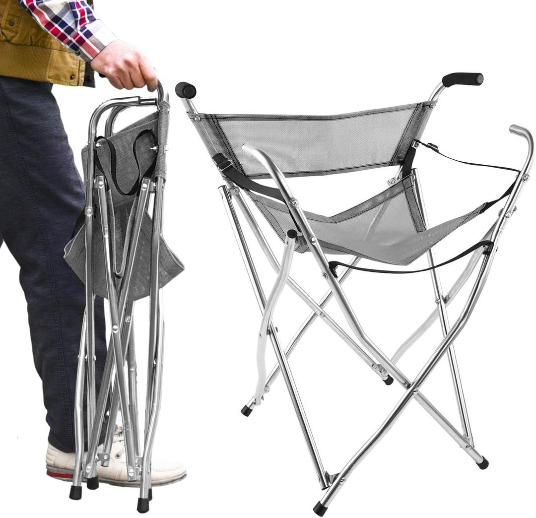 Walking Stick Chair Seat - Folding Camping Cane Portable Stool Heavy Duty Aids for Seniors (L Size Grey) (L Site(Height under 180cm))