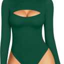 MANGOPOP Women's Mock Neck Cutout Front Bodysuit Long Sleeve Sleeveless Turtle Neck Body Suits Sexy Tops (XX-Large, 04 Deep Green Long Sleeve)
