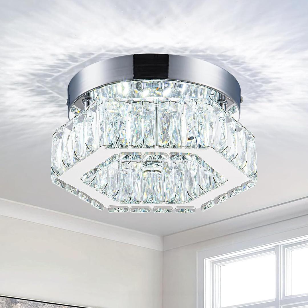 HomLaiting 7.8” Crystal Ceiling Light Fixture, Mini Hexagonal Chandeliers 6500K Cool White Modern Flush Mount Ceiling Lights, LED Small Chandelier for Hallway Bedroom Foyer Kitchen Bathroom