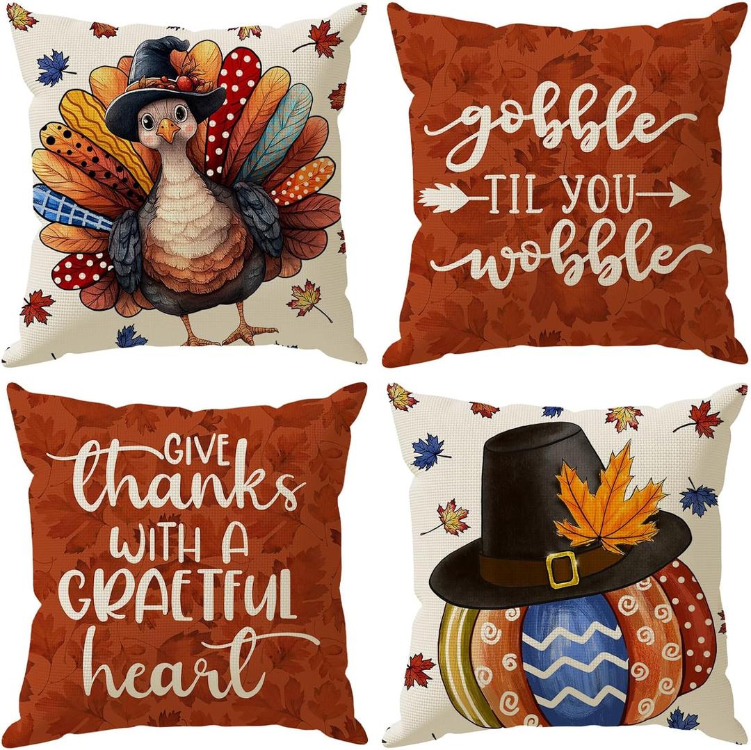 Thanksgiving Pillow Covers Gobble Til You Wobble Turkey Pumpkins Maple Leaves Throw Pillow Cases Set of 4 Fall Decorations for Farmhouse Home Bedroom Sofa Couch Outdoor Holiday Decor 18x18 Inch