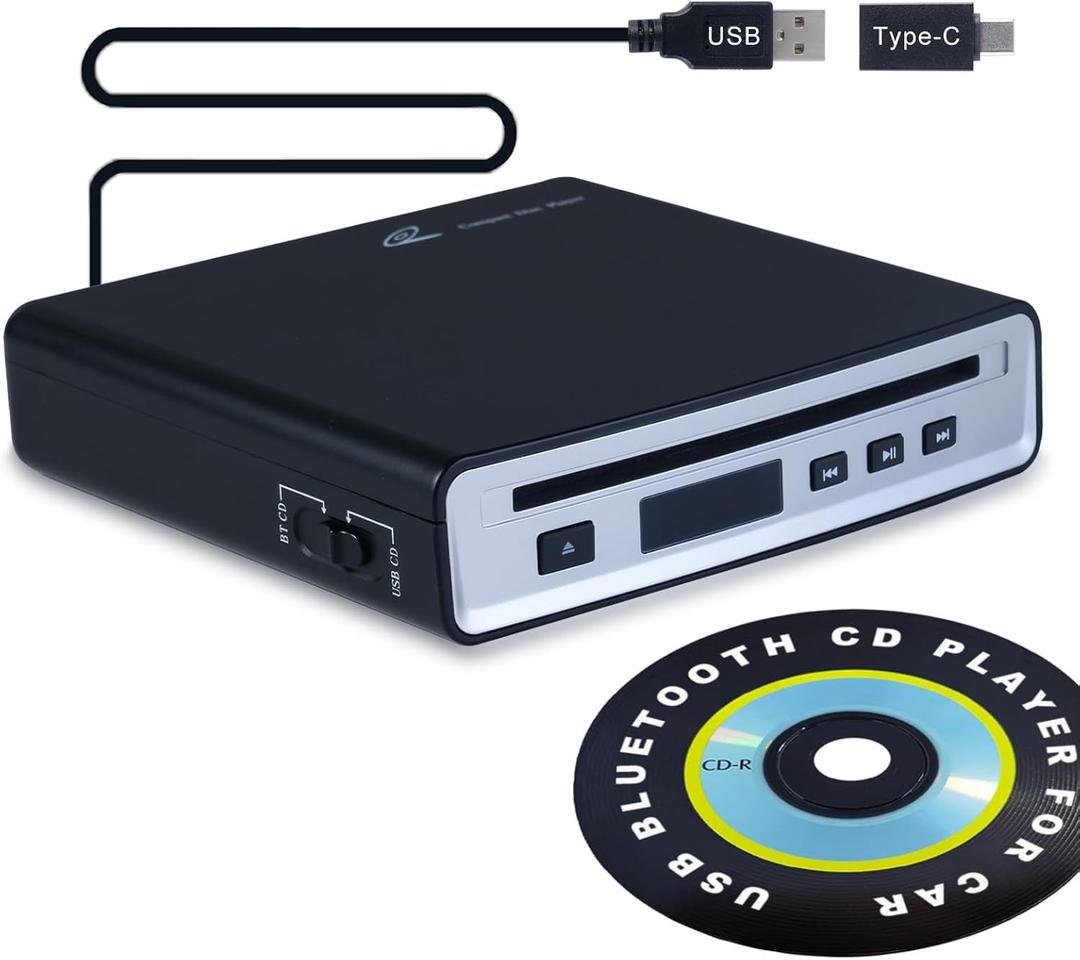 Portable CD Player for Car, External Car CD Player for Auto Truck, with USB and Bluetooth Connectivity, Lossless Sound Quality, Plug and Play