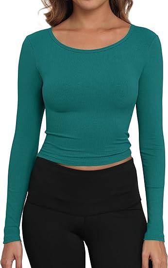 Artfish Women's Casual Basic Ribbed T-Shirts Slim Fitted Boat Neck Long Sleeve Crop Top (Medium, Teal)